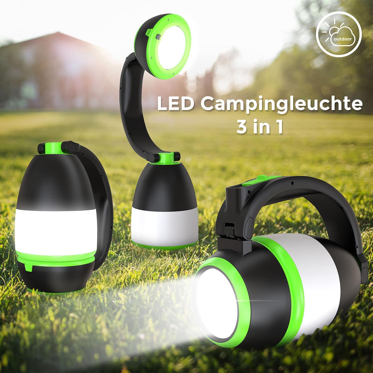 LED Outdoor-Taschenlampe 13x8x15,5 cm - 3 in 1 - Campingleuchte Tisch-Laterne 2 Helligkeitsstufen klappbar batteriebetrieben | grün-schwarz - 4