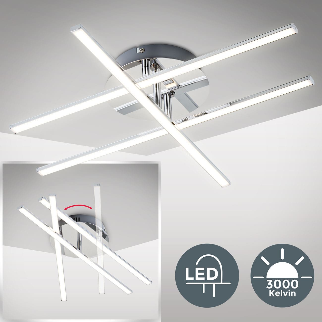 LED Deckenleuchte 50cm - 3-flammig - Wohnzimmer-Deckenlampe modernes Design 230V schwenkbar 12,5W 1150lm 3000K warmweiß | chromfarbig - 3