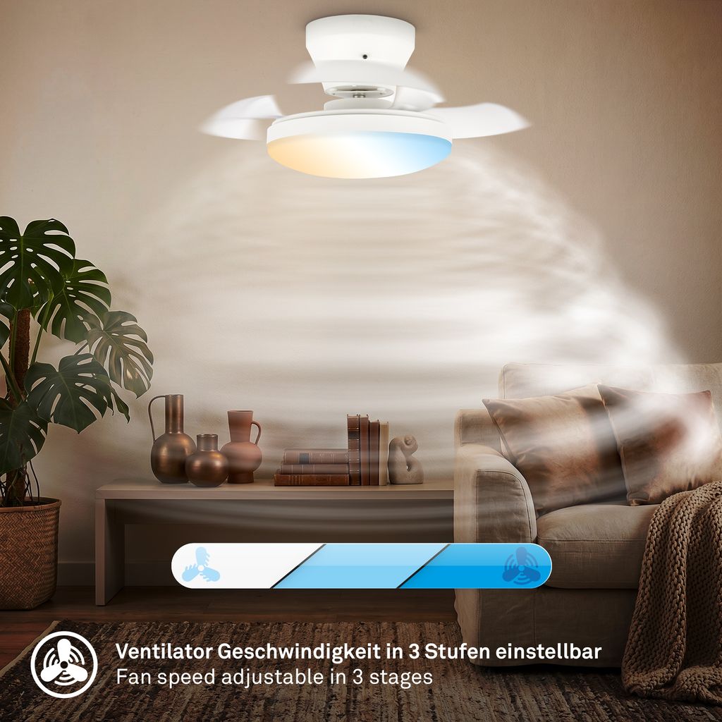 Ravan Deckenventilator mit Beleuchtung - 15W, 1750lm, 3 Geschwindkeiten, CCT, Dimmbar, Weiß