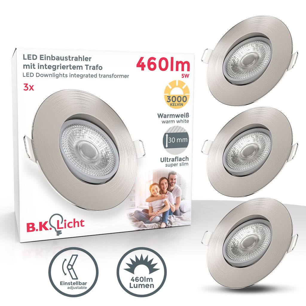 Einbaustrahler 68mm 3er Set - 230V. 4.9W. 480lm. LED. dimmbar. warmweiß. matt-nickel 1