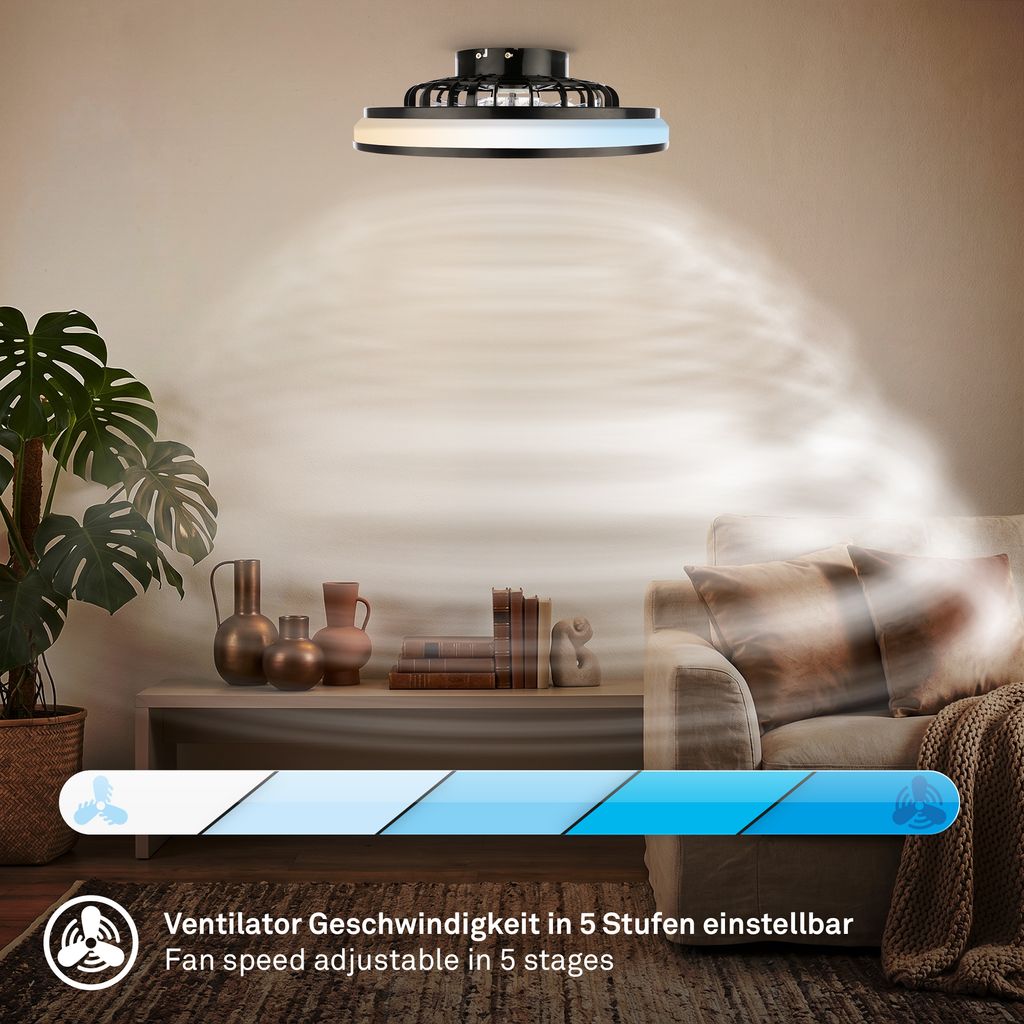 FANTUS LED Deckenleuchte mit Ventilator, 5 Geschwindigkeiten, Fernbedienung, CCT Funktion, Schwarz