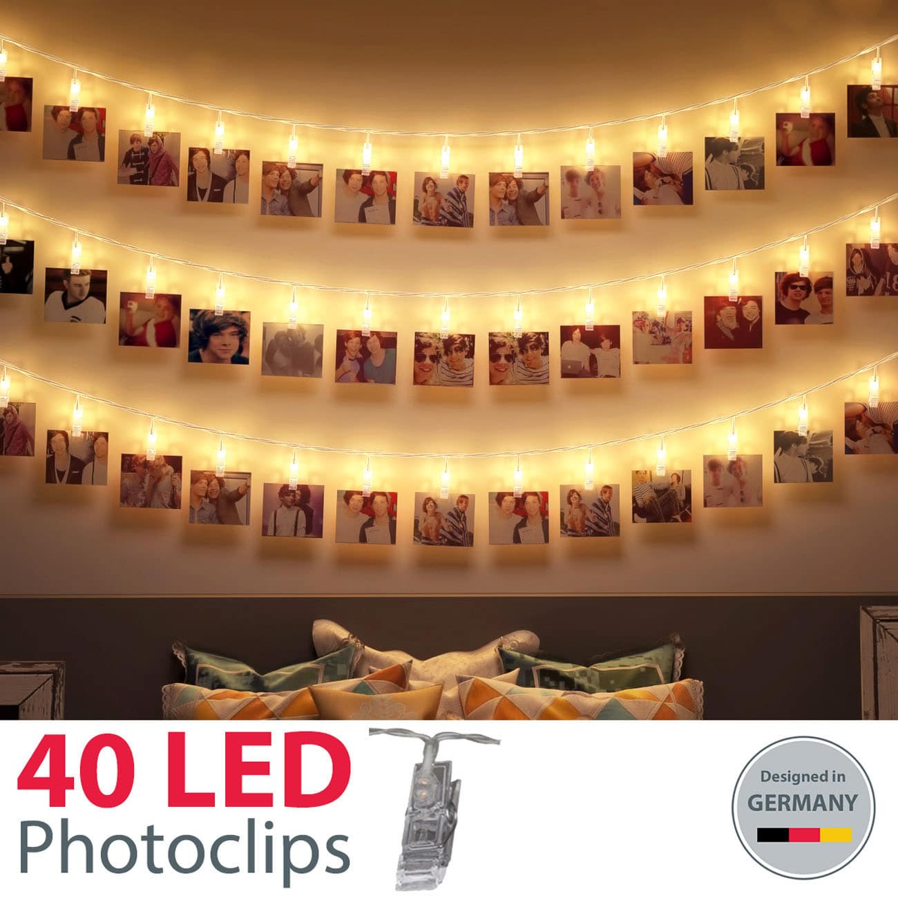 Foto-Lichterkette mit LED-Klammern - 5 Meter - String Light für Fotowand mit 40 LEDs Clips batteriebetrieben 2,4W 120lm 2700K warmweiß | transparent - 3