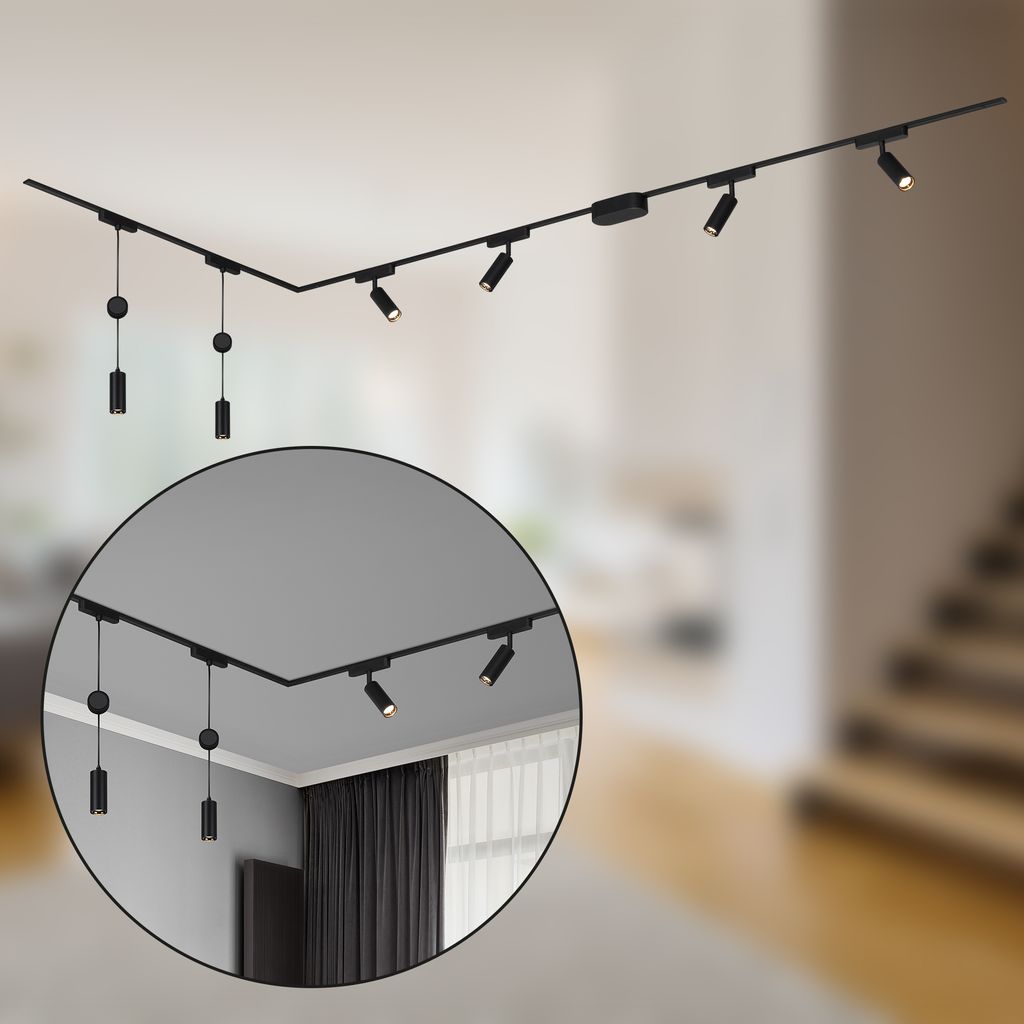 NV Track Schienensystem. Komplettset. 4x LED Spots. 2x LED Pendel. Schwenkbar. Höhenverstellbar. Schwarz. 3m 1