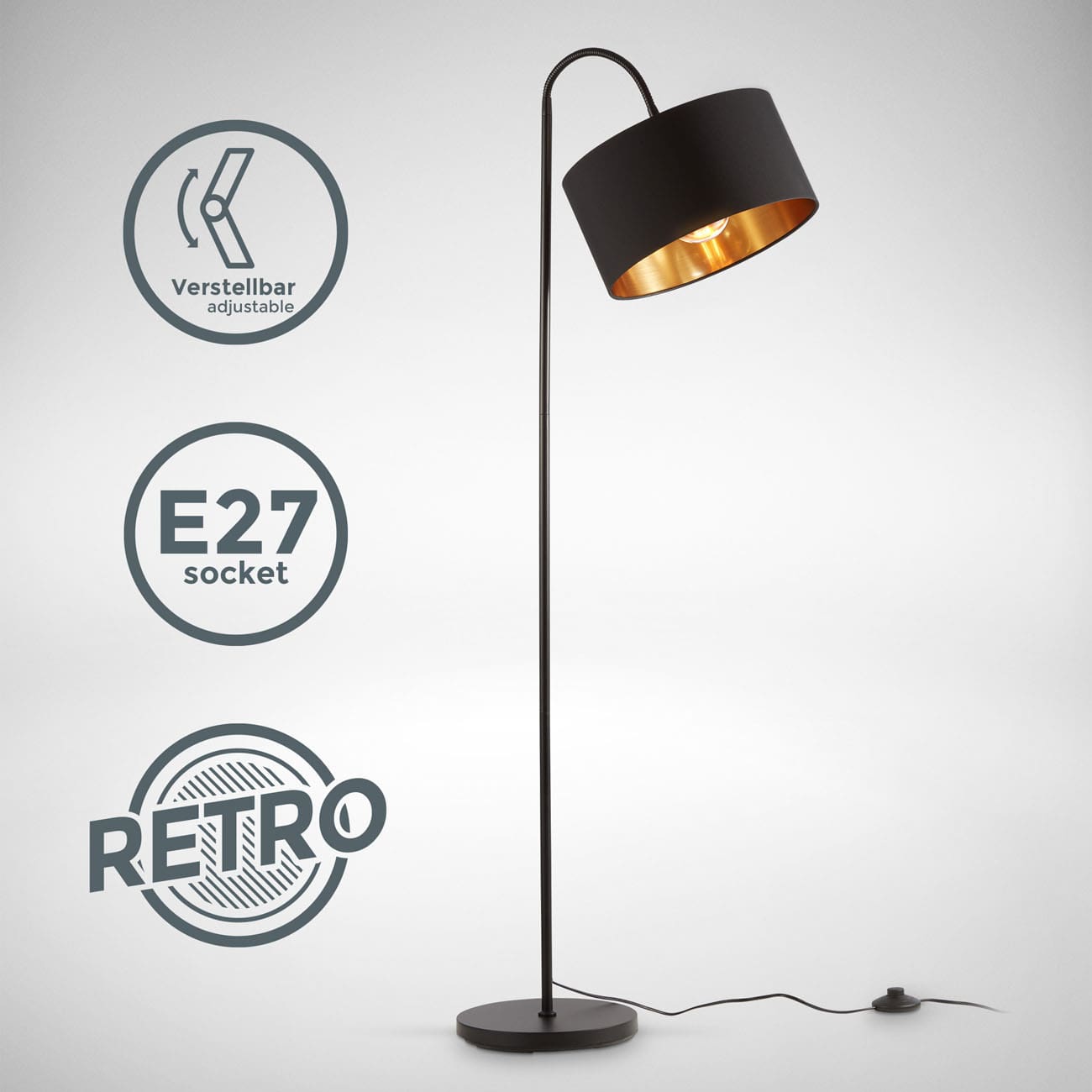 Stehlampe mit schwenkbarem Stoffschirm schwarz-gold E27 - 3