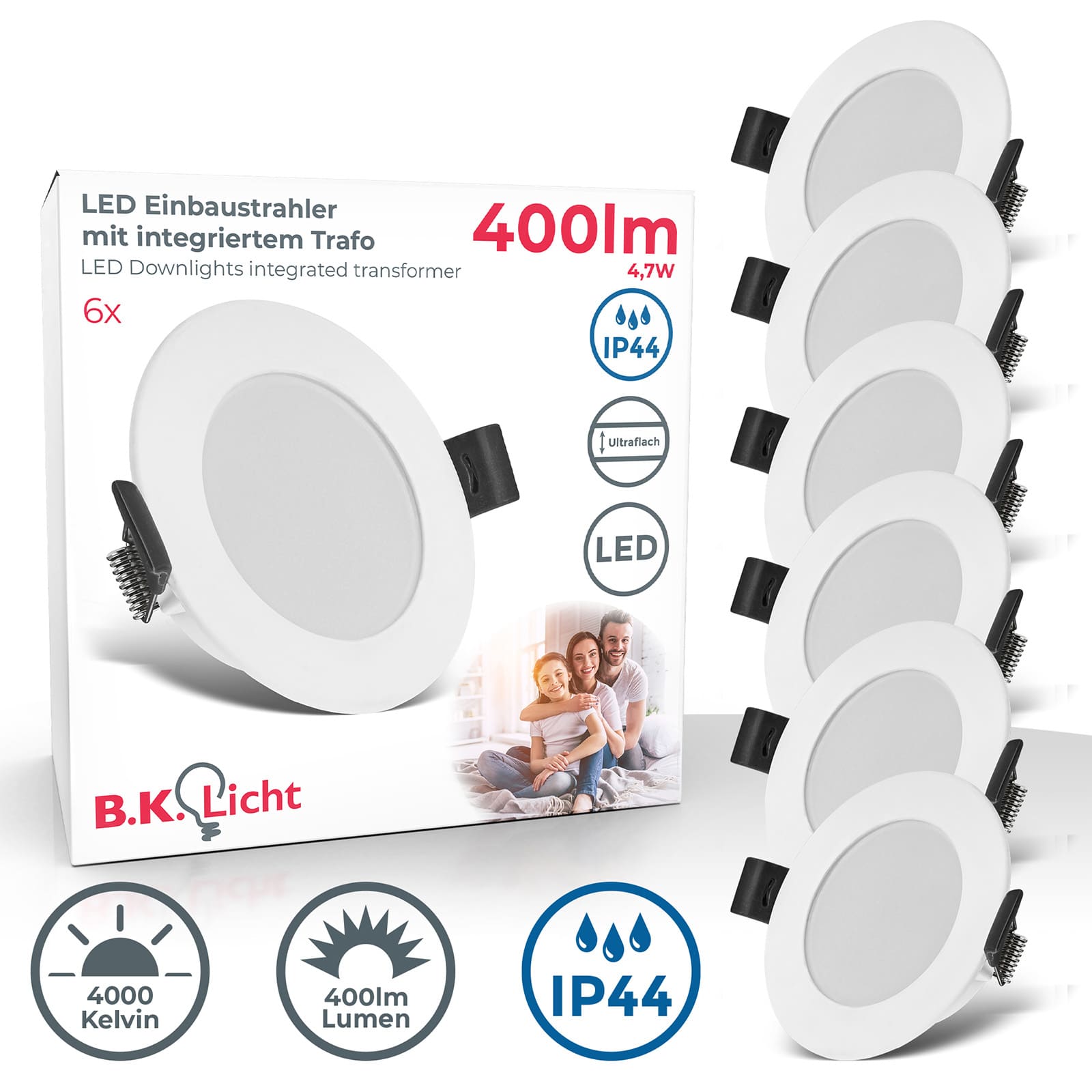 LED Bad-Einbaustrahler Ø85mm - 6er SET - Einbauleuchte ultra-flach 30mm IP44 Spritzwasserschutz 230V 4,7W 400lm warmweiß | Weiß  - 1