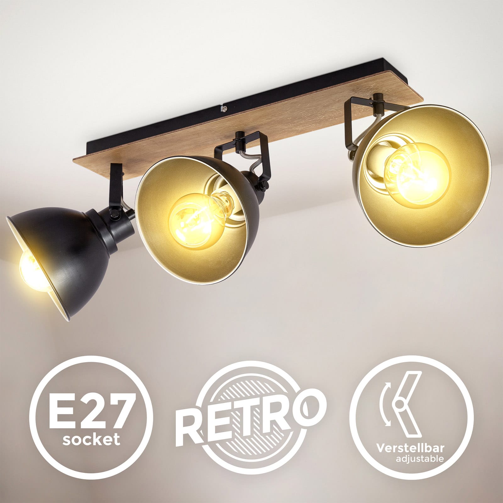 Retro-Deckenleuchte 56x16cm - 3-flammig - Deckenlampe industrial Design Metall Holz Fassung E27 LED / Halogen max 60W Spots drehbar schwenkbar | schwarz gold - 3