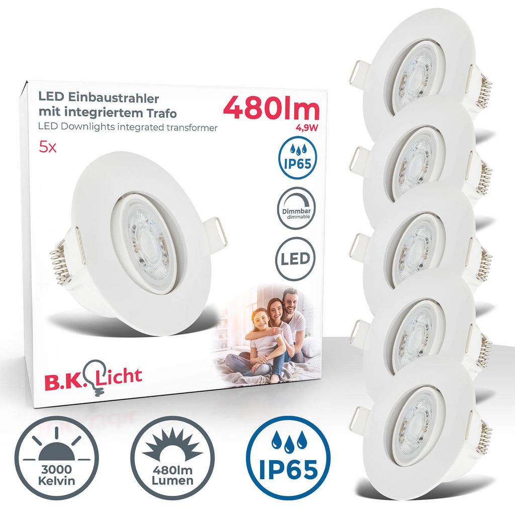 Einbaustrahler 68mm 5er Set - 230V. 4.9W. 480lm. LED. dimmbar. IP65. warmweiß. weiß 1