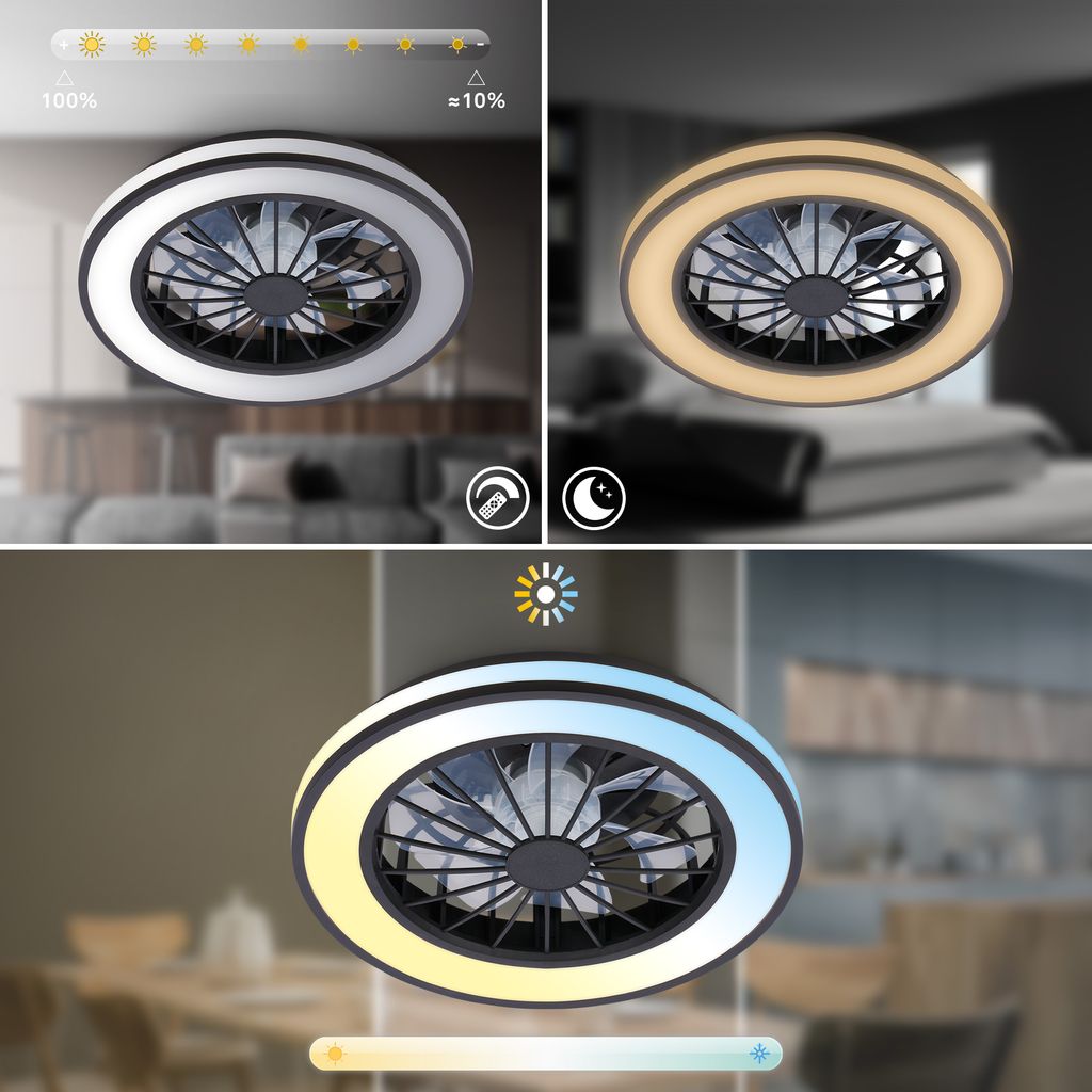 Briloner Deckenventilator mit Licht Fernbedienung Ø38cm Rund 24W 2600lm 3000K-6500K Warmweiß bis Tageslichtweiß DC-Motor Schwarz - Deckenleuchte Schlafzimmer Wohnzimmer 3