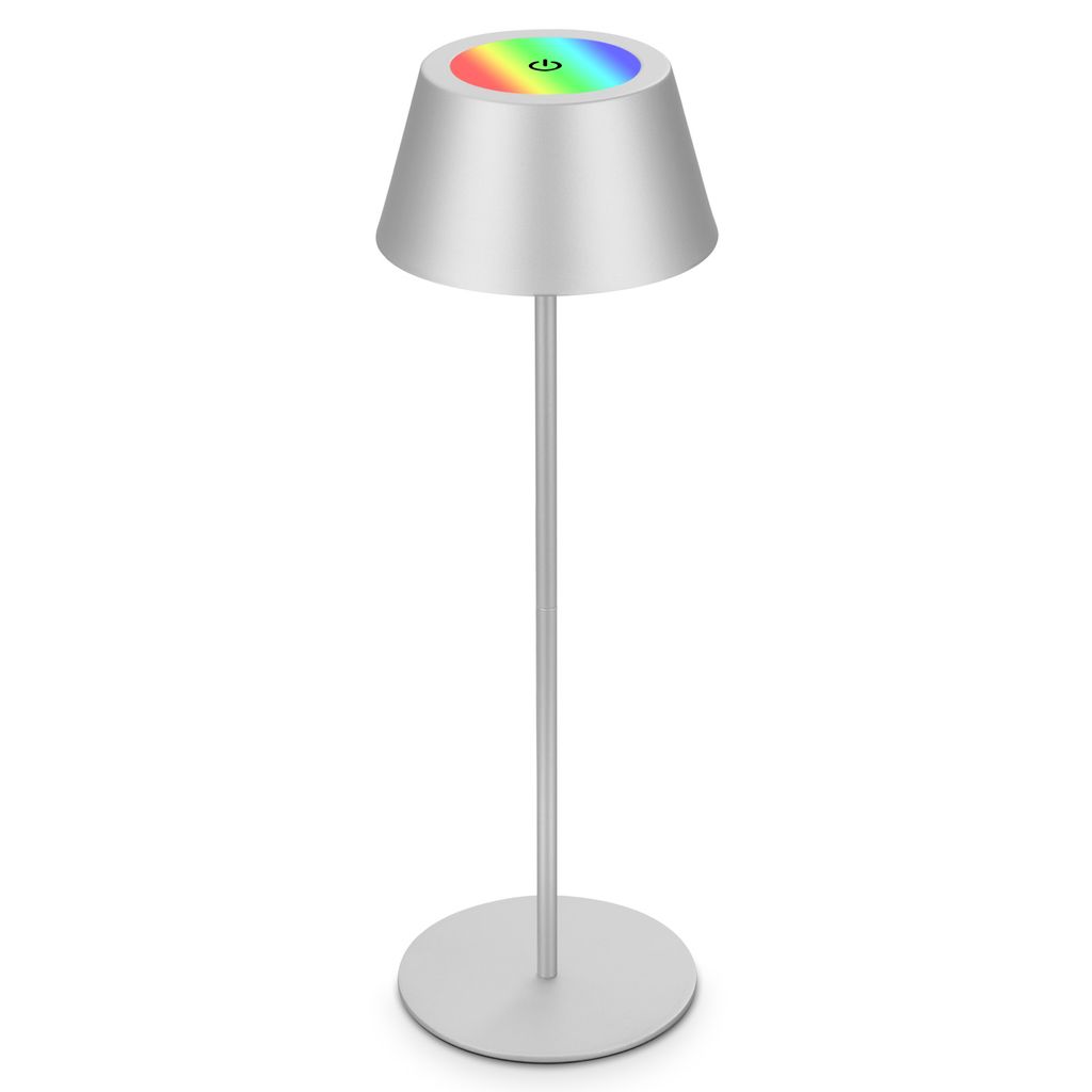 LED Akku-Tischleuchte Tischlampe höhenverstellbar IP44 silber RGB innen außen 1