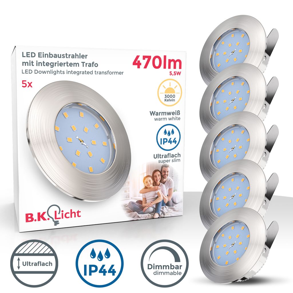 Einbauspot 5er Set 60mm Lochmaß - 230V. 5.5W. 470lm. LED. dimmbar. IP44. warmweiß. matt-nickel 1
