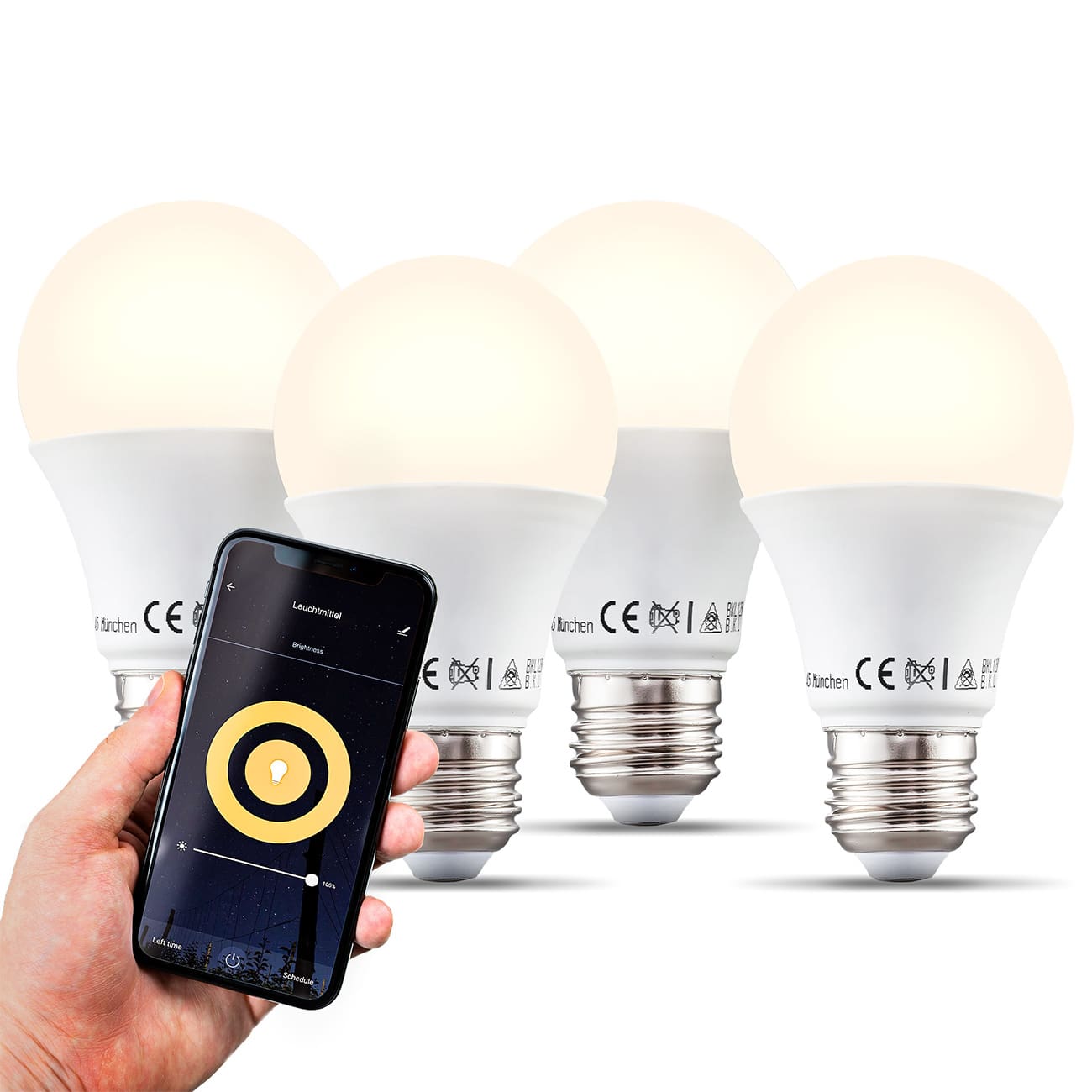 Smartes LED Leuchtmittel E27 dimmbar - 4er Set - Energiespar-Lampe  112x60mm WIFI IOS und Android Tropfenform 9W 806lm 2.700K warmweißes Licht | weiß - 3