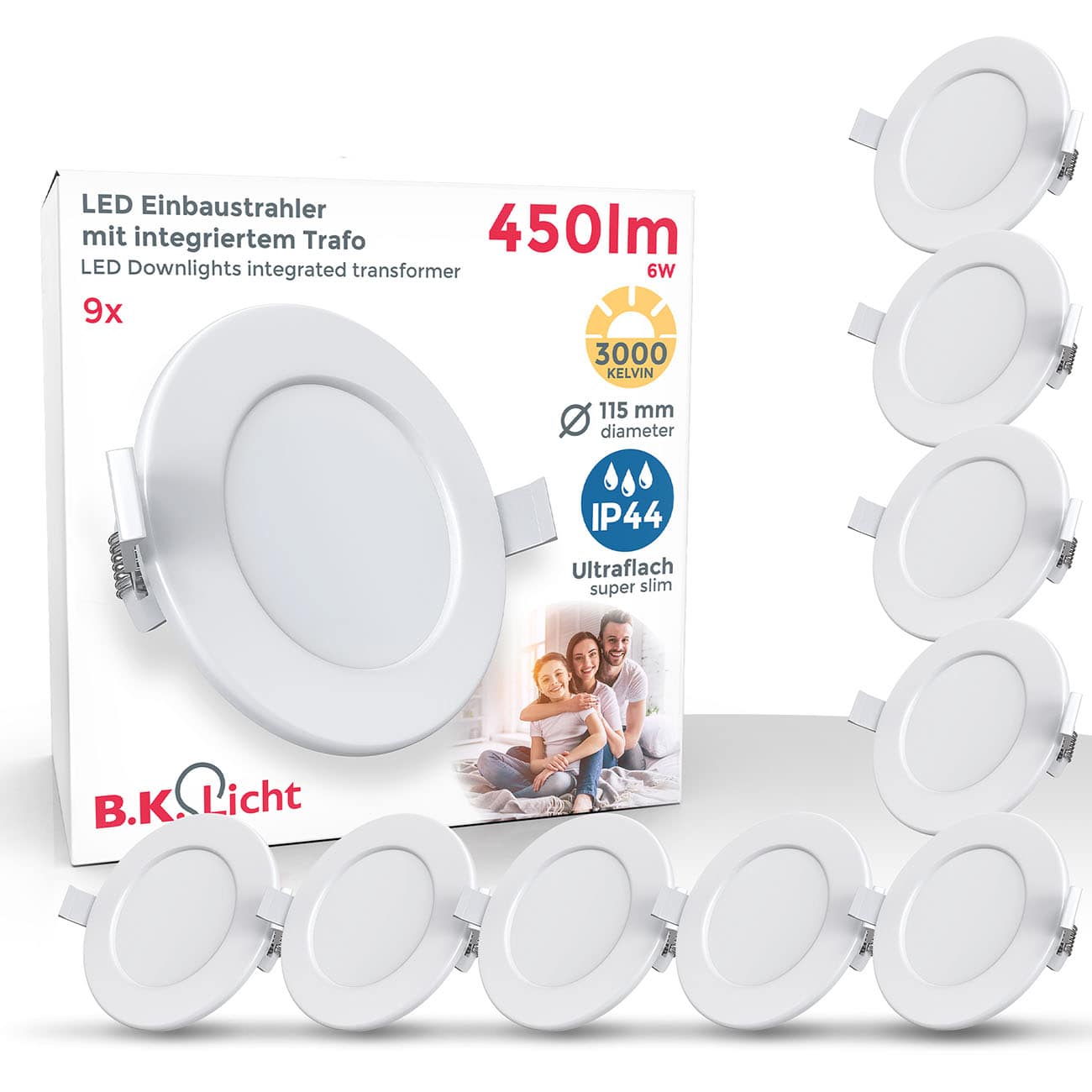LED Bad-Einbauleuchte Ø115mm - 9er SET - ultra-flach 30mm IP44 230V 6W 450lm warmweiß | Weiß - 1
