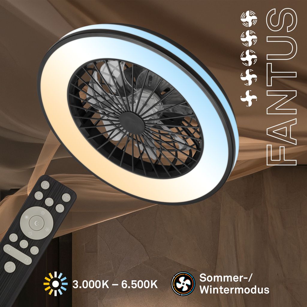 FANTUS LED Deckenleuchte mit Ventilator, 5 Geschwindigkeiten, Fernbedienung, CCT Funktion, Schwarz