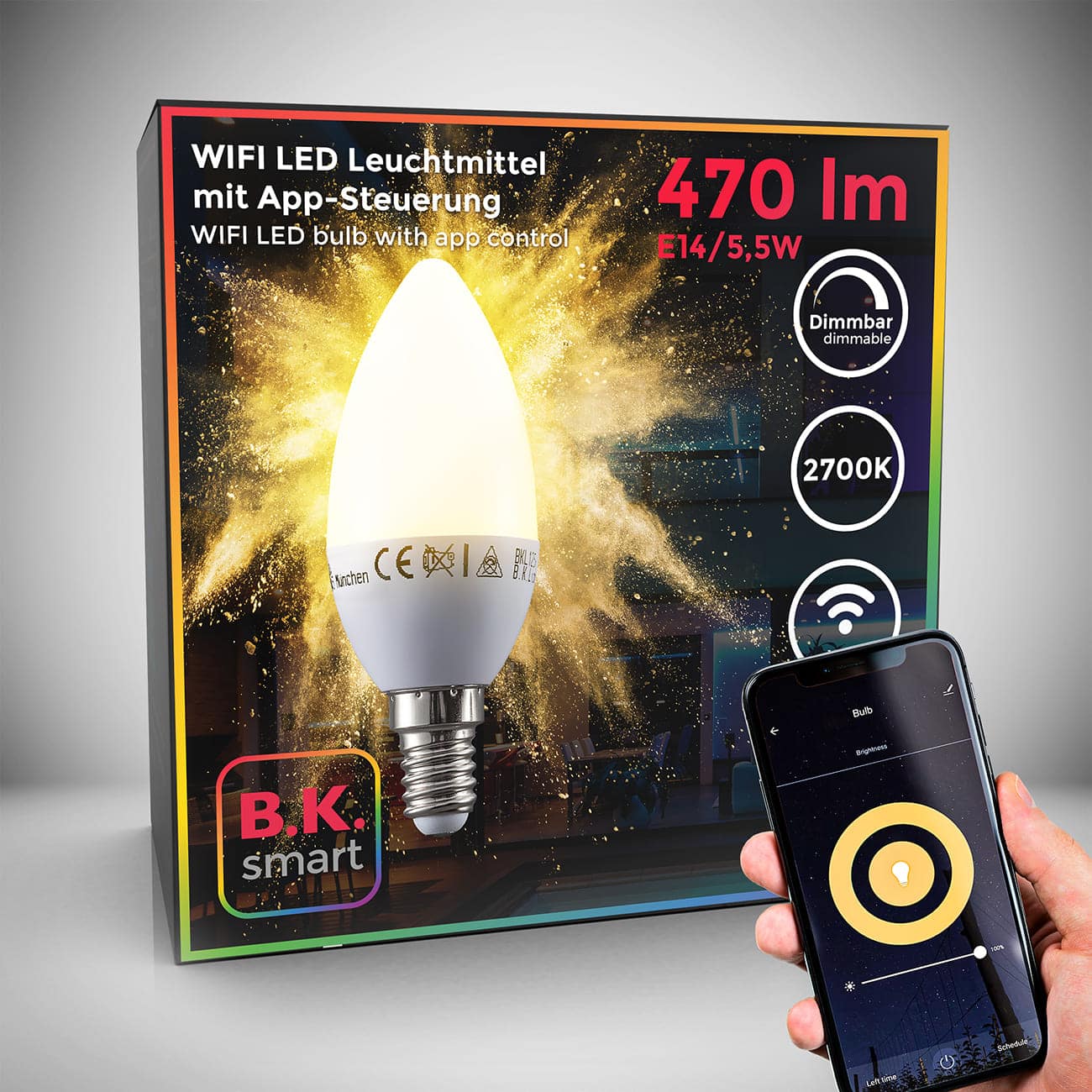 Smartes LED Leuchtmittel E14 dimmbar - 1er Set - Energiespar-Lampe Kerzenform 37x107mm WIFI IOS / Android Kerzenform 5,5W 470lm 2.700K warmweißes Licht | weiß - 1
