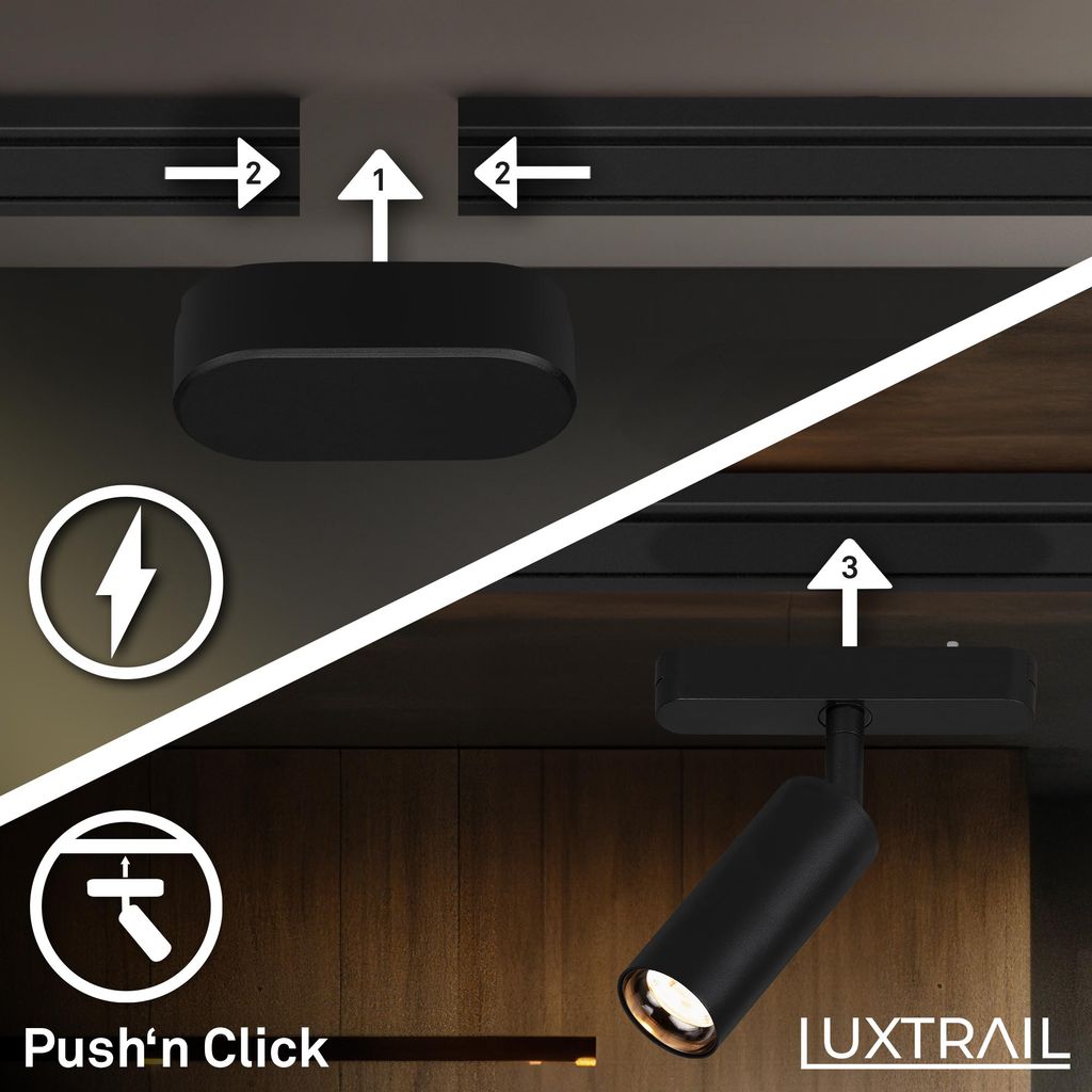 NV Track Schienensystem. Komplettset. 4x LED Tracklight. Schwenkbar. Einspeisung. Schwarz. 2 m 2