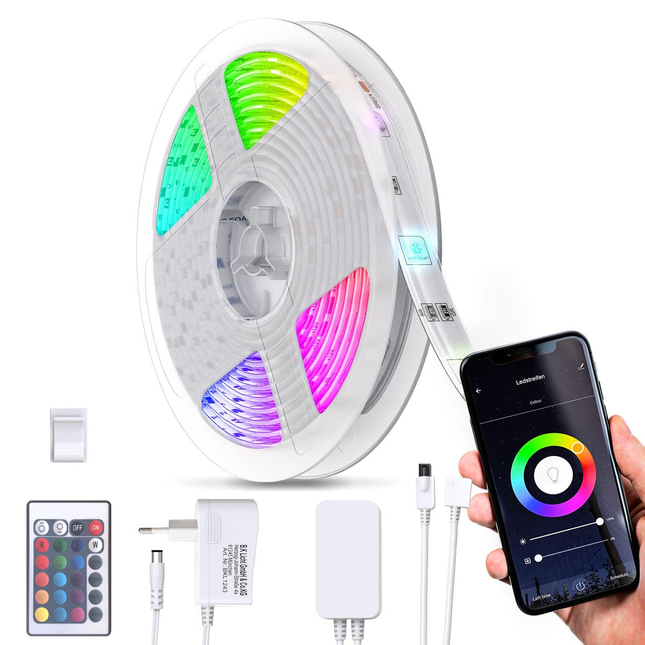 Smart RGB Stripe 230V - 5 Meter - LED Licht-Band Wifi IOS Android 150 LEDs 15W Lichtleiste mit Fernbedienung Timer selbstklebend | weiß - 1