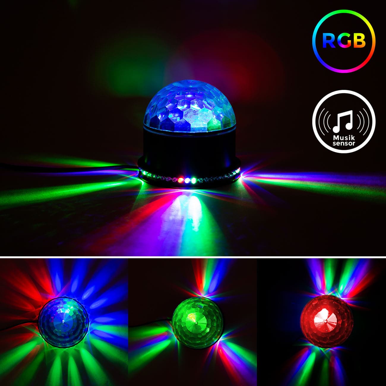 RGB Disco-Light mit Musiksensor - 11x12cm - LED Partylicht musikgesteuertem Farbwechseleffekt rotierend 51x RGB-LED | schwarz - 5