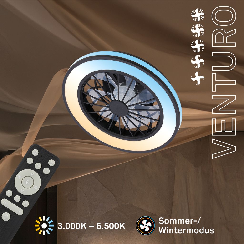 Venturo Deckenventilator mit Beleuchtung - 24W, 2600lm, 5 Geschwindkeiten, CCT, Dimmbar, Schwarz