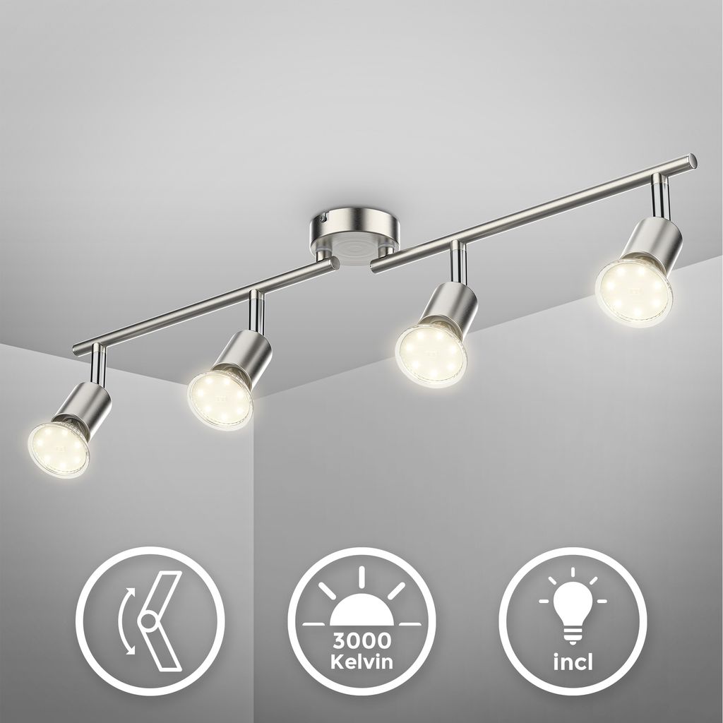 Deckenstrahler - 11,6W, 1040lm, LED, schwenkbar, inklusive 4x GU10, warmweiß, matt-nickel