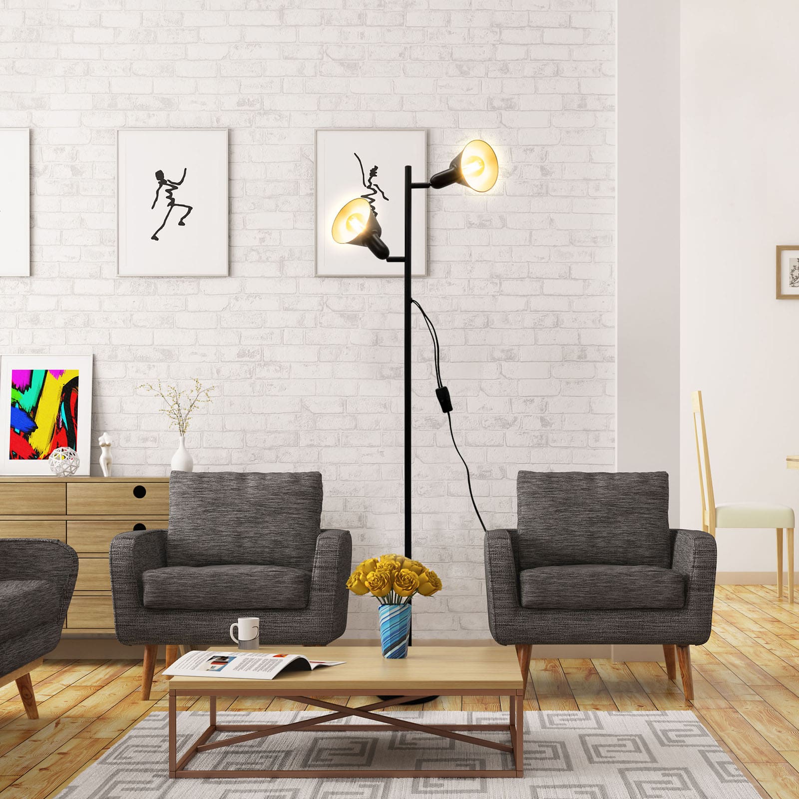 Stehlampe Wohnzimmer 142x19cm - 2-flammig - Metall-Stehleuchte 230V mit Kabelschalter Industrial Design Spots schwenkbar Fassung E27 LED max 10W Schlafzimmer | schwarz-gold - 5