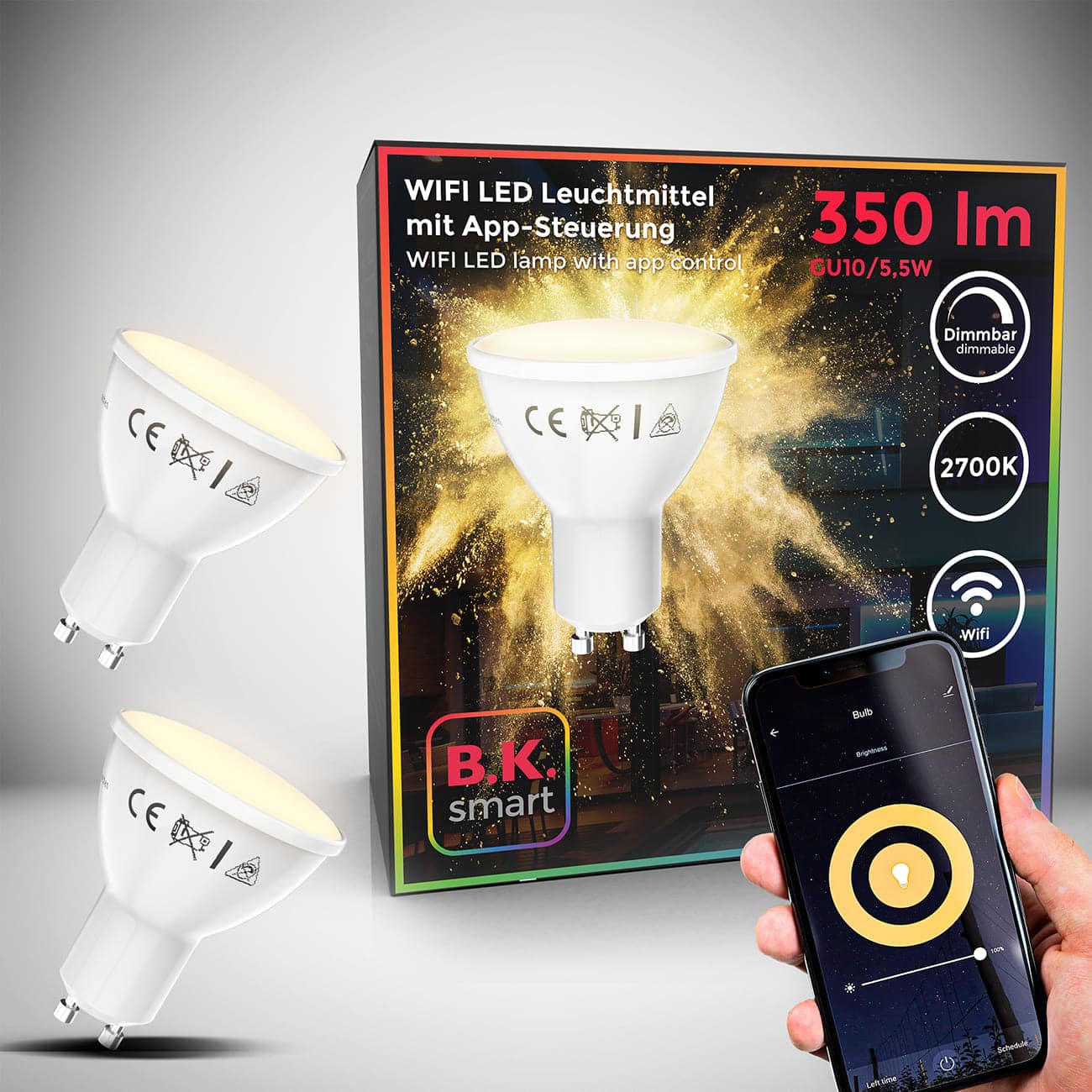 Smartes LED Leuchtmittel GU10 dimmbar - 2er Set - Energiespar-Lampe Reflektorform 50x56mm WIFI IOS / Android Kerzenform 5,5W 350lm 2.700K warmweißes Licht | weiß - 1