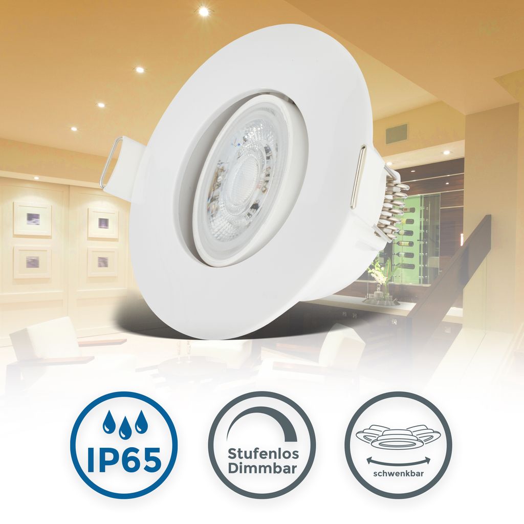 Einbaustrahler 68mm 5er Set - 230V. 4.9W. 480lm. LED. dimmbar. IP65. warmweiß. weiß 8