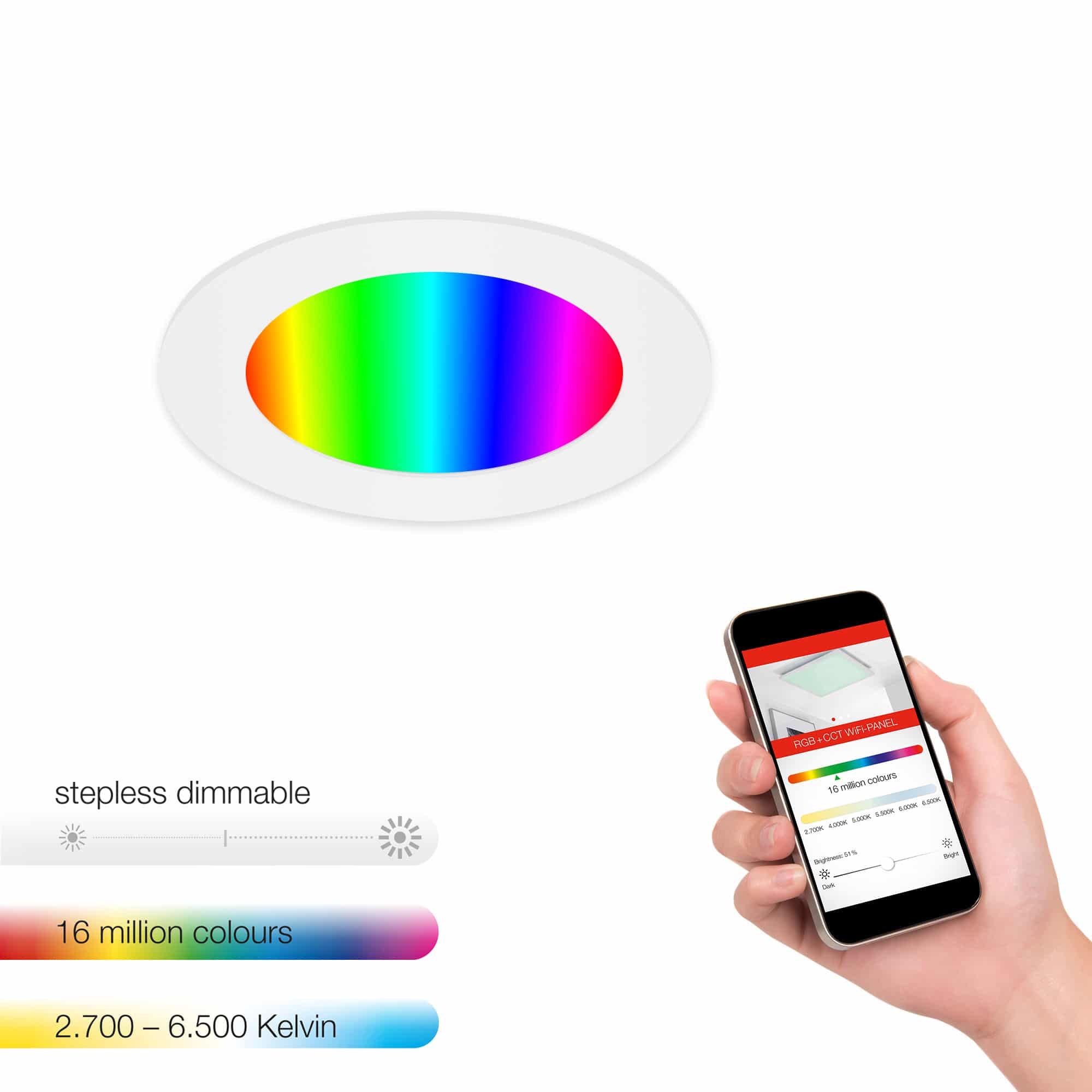 Smart LED Einbaustrahler RGB-W dimmbar 230V - 110x30mm - WiFi Einbauleuchte flach mit Fernbedienung App & Sprachsteuerung 6W 600lm CCT 2700-6500K I weiß - 6
