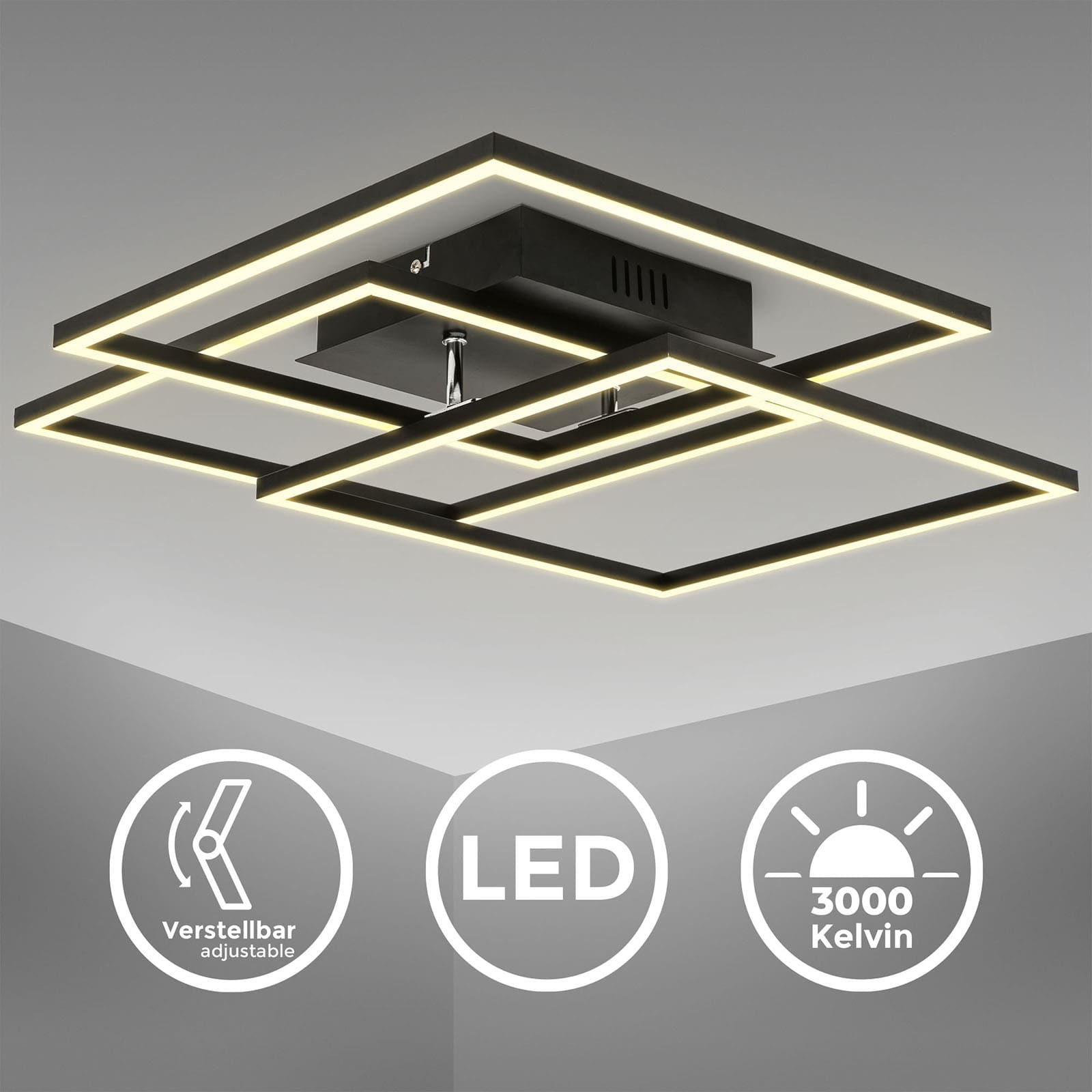 LED Deckenleuchte 56,8x56,8cm - 3-flammig - Frame Deckenlampe drehbar 40W 4000lm 3000K warmweiß | Schwarz - 3