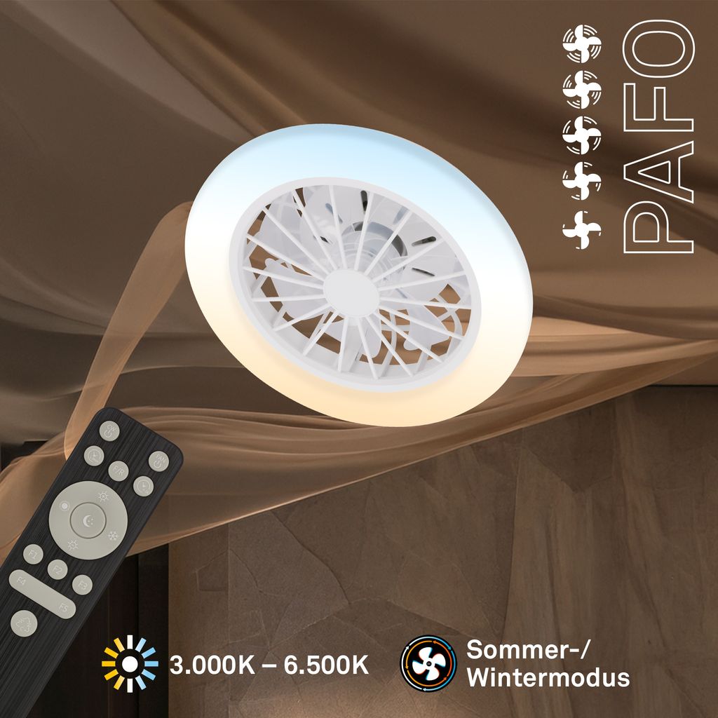 Pafo Deckenventilator mit Beleuchtung - 24W, 2600lm, 5 Geschwindkeiten, CCT, Dimmbar, Weiß
