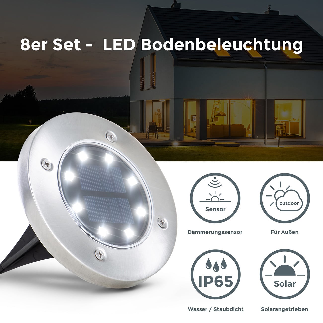 Solar LED Bodenlampen - 8er-Set - Gartenbeleuchtung  Ø11,9 cm inkl Erdspieß Dämmerungssensor IP65 wasserdicht | Edelstahl-Schwarz - 4