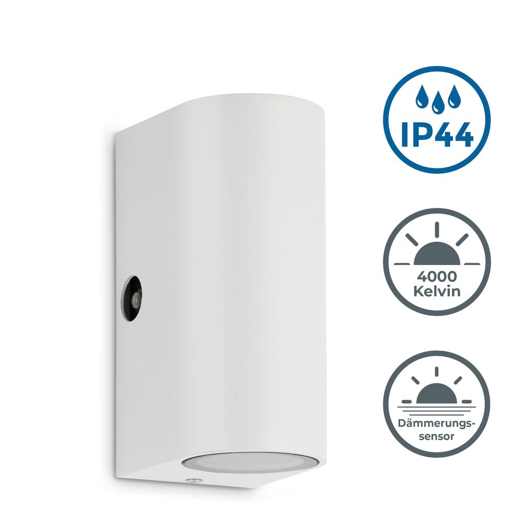 LED Außenwandleuchte mit Dämmerungssensor - 15x6.5x9cm - Wandlampe Außen Up- & Down 2-flammig GU10 5W IP44  400lm 4000K neutralweiße Lichtfarbe I weiß matt 5