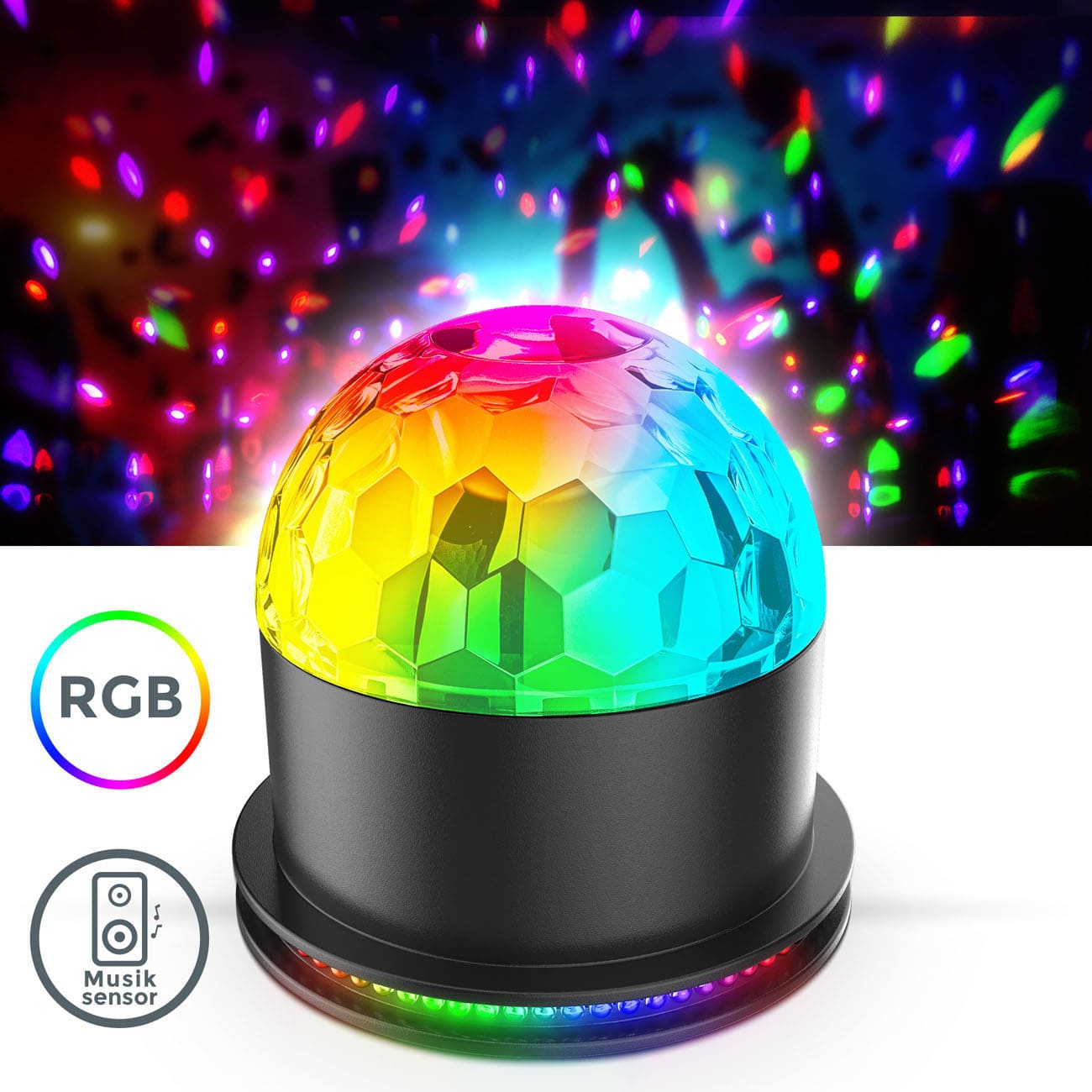 RGB Disco-Light mit Musiksensor - 11x12cm - LED Partylicht musikgesteuertem Farbwechseleffekt rotierend 51x RGB-LED | schwarz - 3