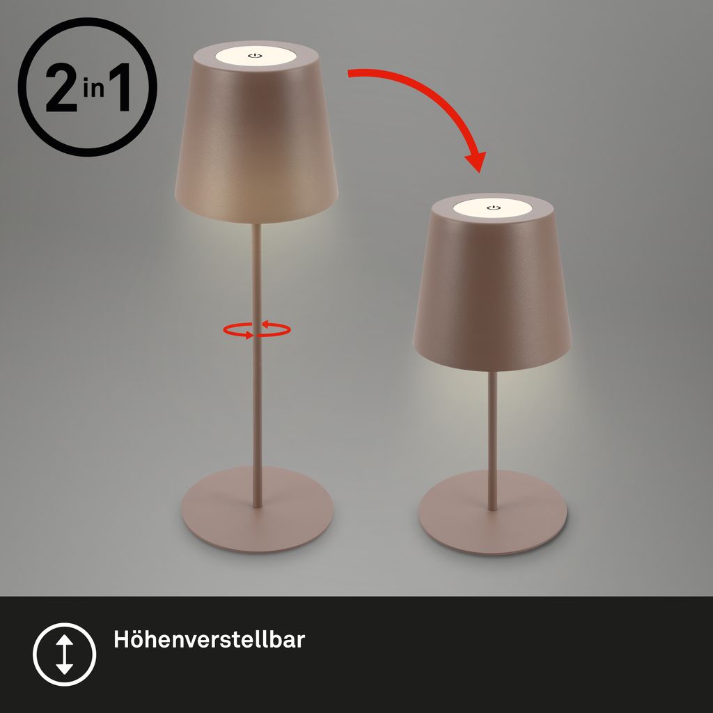 Briloner KIKI 2er Set LED Tischlampe kabellos. Touch. Dimmbar. USB-C Aufladung. IP44. Höhenverstellbar. Umbrasand. Ø12 x 36 cm 5
