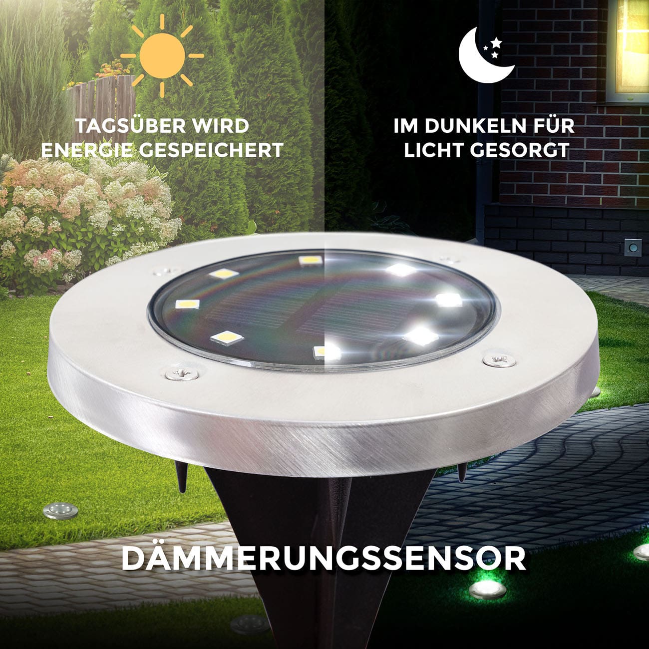 Solar LED Bodenlampen - 8er-Set - Gartenbeleuchtung  Ø11,9 cm inkl Erdspieß Dämmerungssensor IP65 wasserdicht | Edelstahl-Schwarz - 5