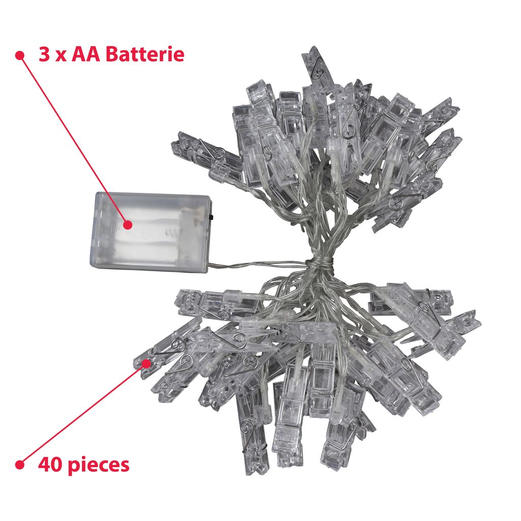 Lichterkette - 2.4W. 120lm. 5m. LED. batteriebetrieben. 40 clips. warmweiß. klar 8