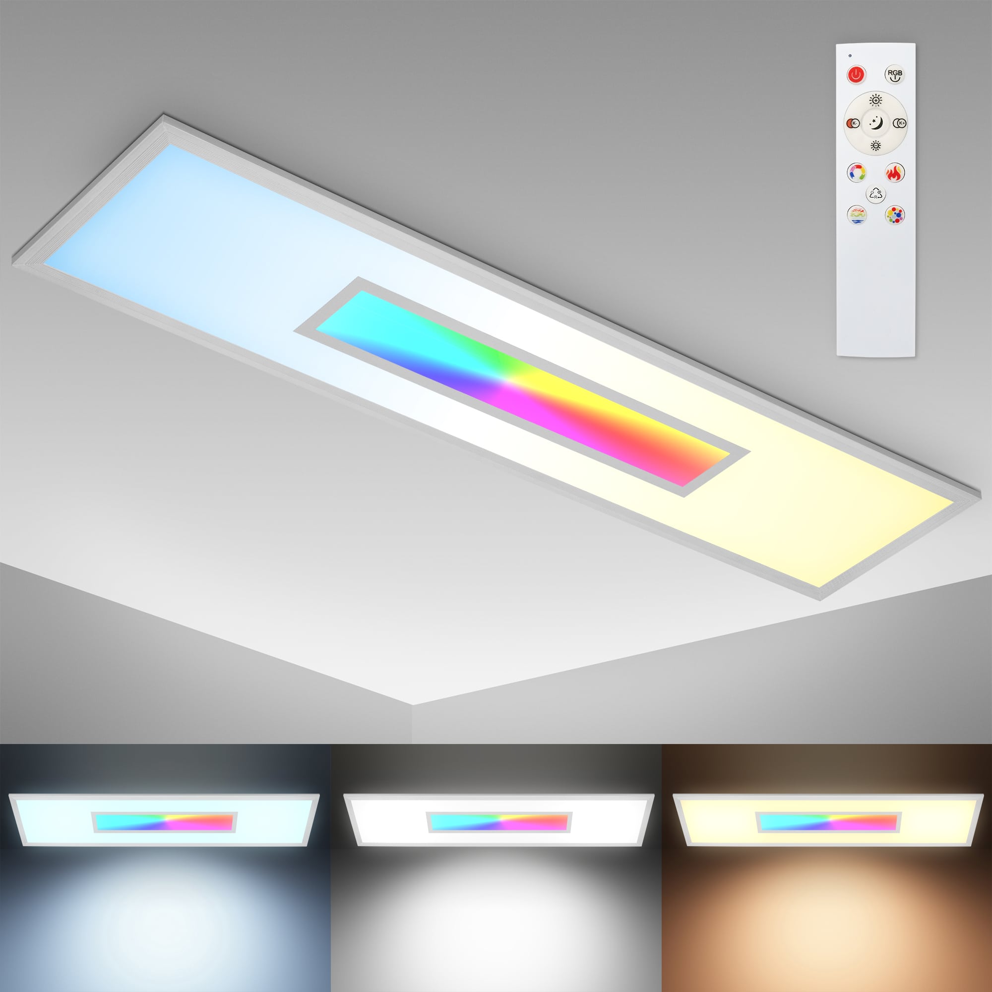  LED Panel Decke dimmbar - 100x25cm - Deckenleuchte flach 65mm 24W 2200lm RGB CCT 3000–6500K Deckenlampe mit Fernbedienung Timer Memory Büro Wohnzimmer | silber - 5