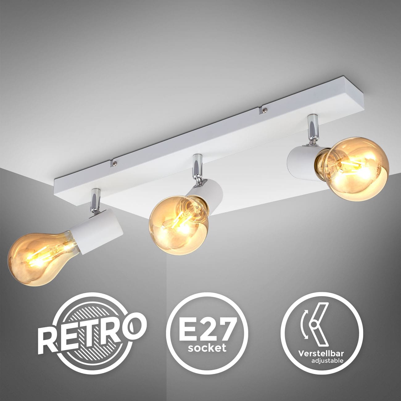 Retro-Deckenleuchte 48x5cm - 3-flammig - Wohnzimmer-Deckenlampe Industrial-Design Metall E27 LED/Halogen max 60W 230V drehbar schwenkbar| weiss - 2