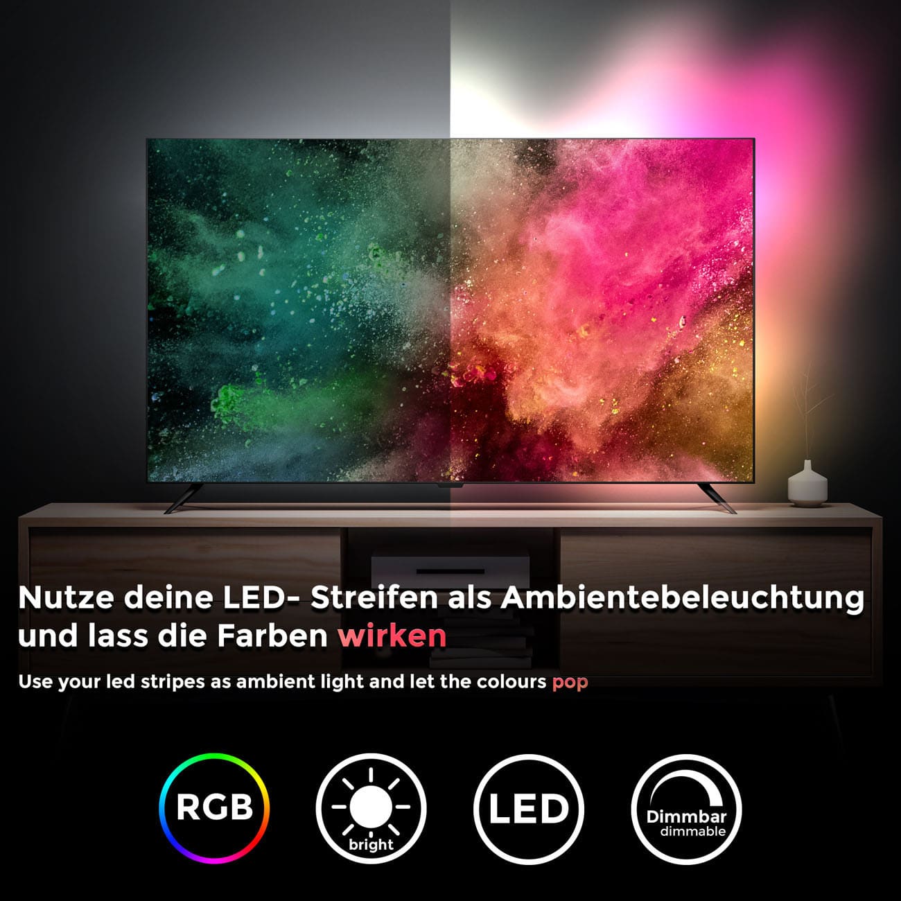 Smartes LED Licht-Band - 2 Meter - RGB Stripe IOS Android dimmbar 9W warmweiß Fernbedienung 60 LEDs flexibel kürzbar selbstklebend USB 5V | schwarz - 8