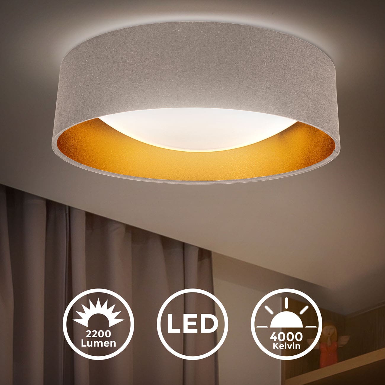 LED Stoffdeckenleuchte taupe-gold - 3