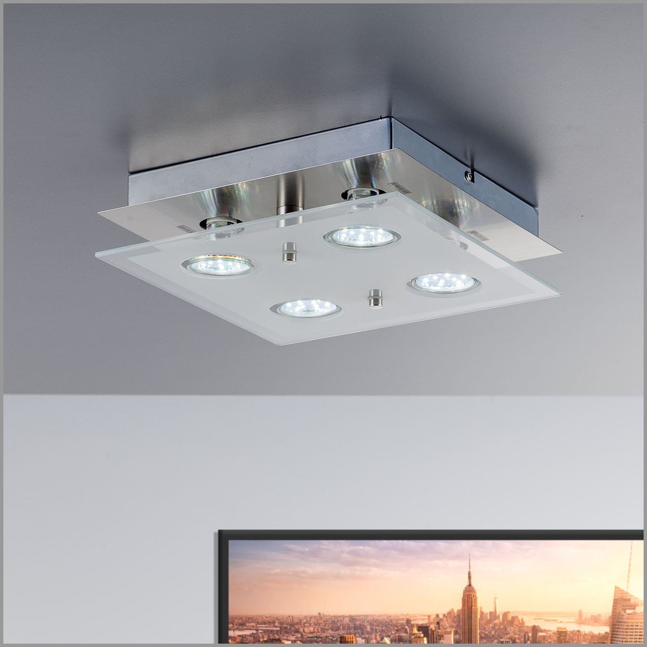 LED Deckenleuchte 25x25cm - 4-flammig - moderne Deckenlampe Glas Metall GU10 12W 1000lm warmweiß | Matt-Nickel - 2