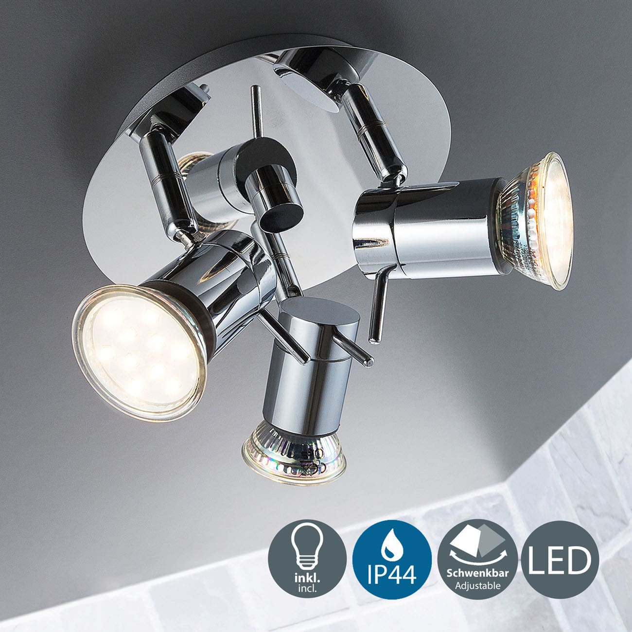 LED Bad-Deckenspot Ø16,5cm - 4-flammig - Badezimmer-Lampe IP44 230V GU10 9W 750lm warmweiß | Chrom - 3