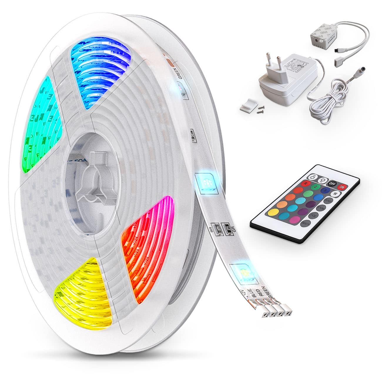 LED Licht-Band 230V - 5 Meter - RGB Stripe dimmbar 24W warmweiß inkl Fernbedienung 150 LEDs flexibel kürzbar selbstklebend | weiß - 1