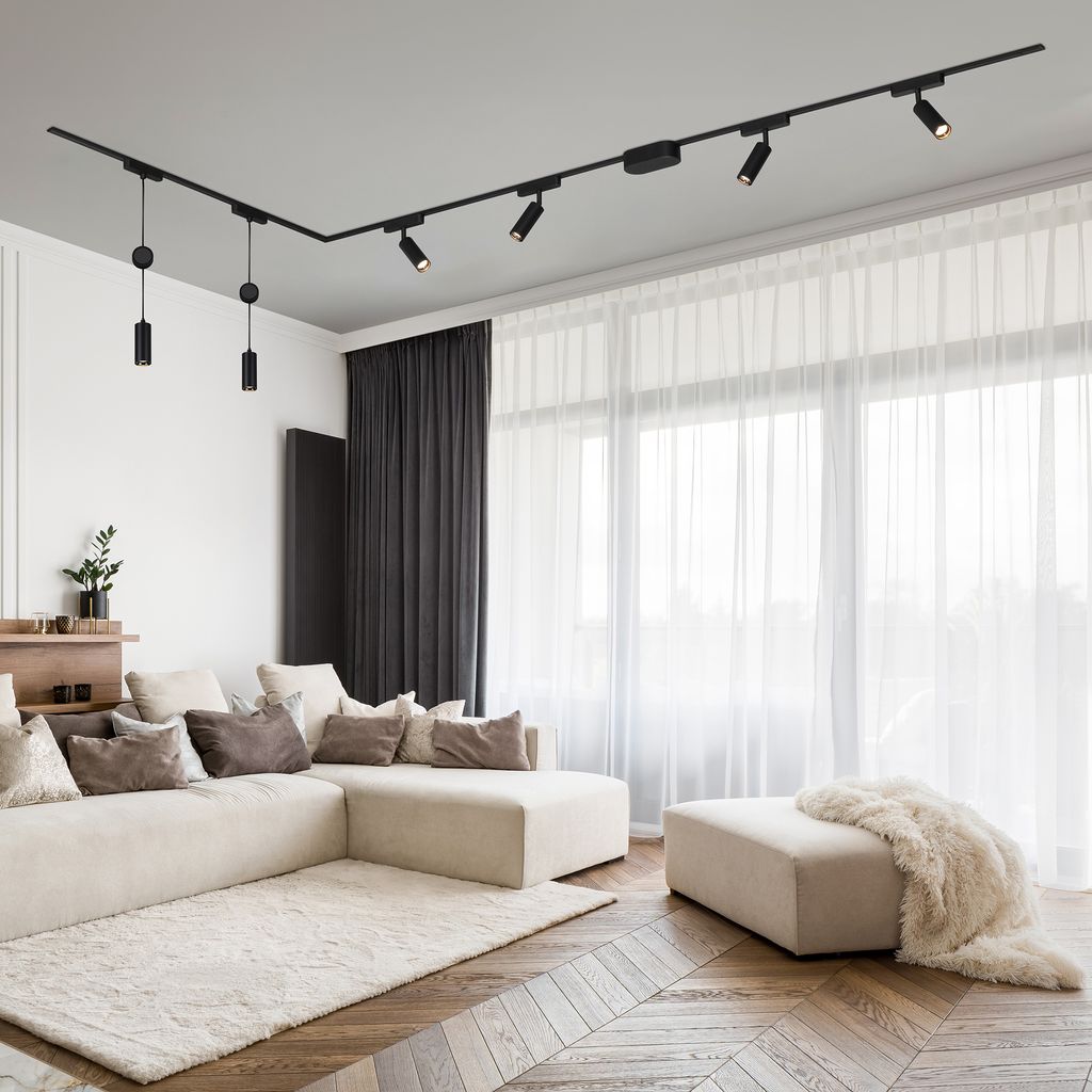 NV Track Schienensystem. Komplettset. 4x LED Spots. 2x LED Pendel. Schwenkbar. Höhenverstellbar. Schwarz. 3m 8