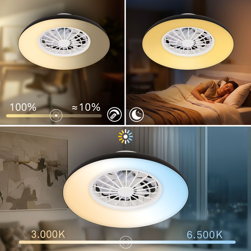 Windora Deckenventilator mit Beleuchtung - 24W, 2600lm, 5 Geschwindkeiten, CCT, Dimmbar, Schwarz, Weiß