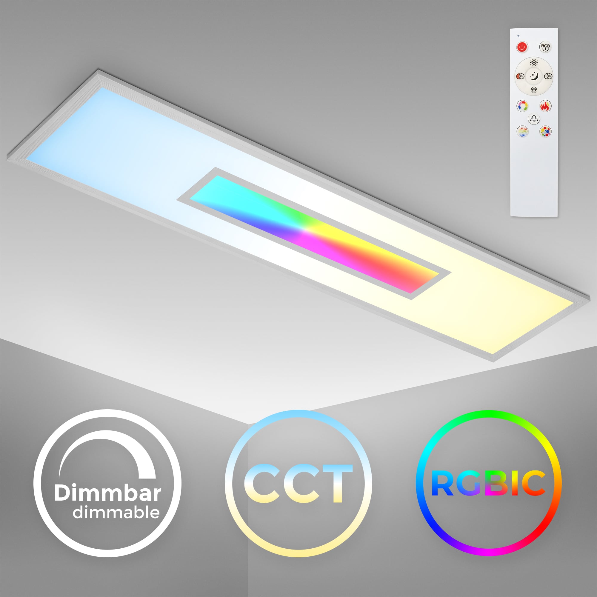  LED Panel Decke dimmbar - 100x25cm - Deckenleuchte flach 65mm 24W 2200lm RGB CCT 3000–6500K Deckenlampe mit Fernbedienung Timer Memory Büro Wohnzimmer | silber - 9