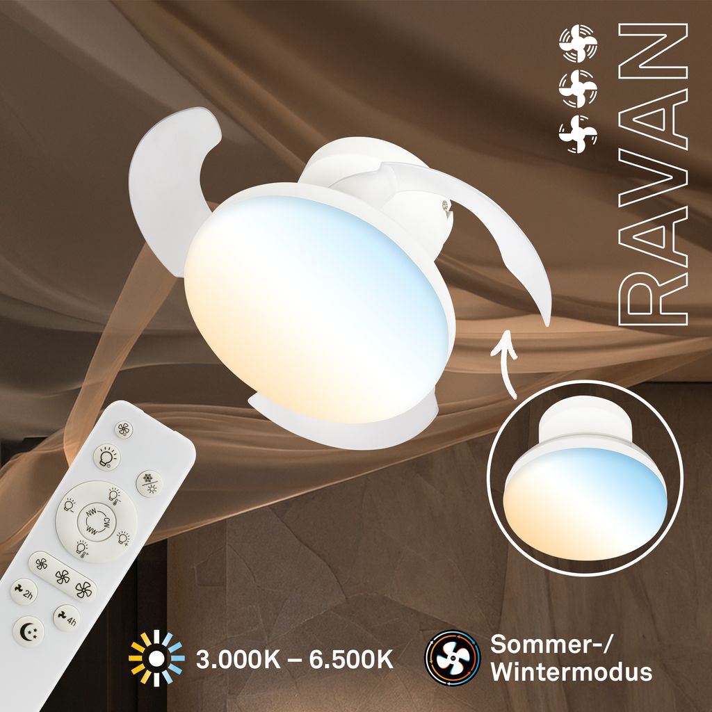 Ravan Deckenventilator mit Beleuchtung - 15W, 1750lm, 3 Geschwindkeiten, CCT, Dimmbar, Weiß