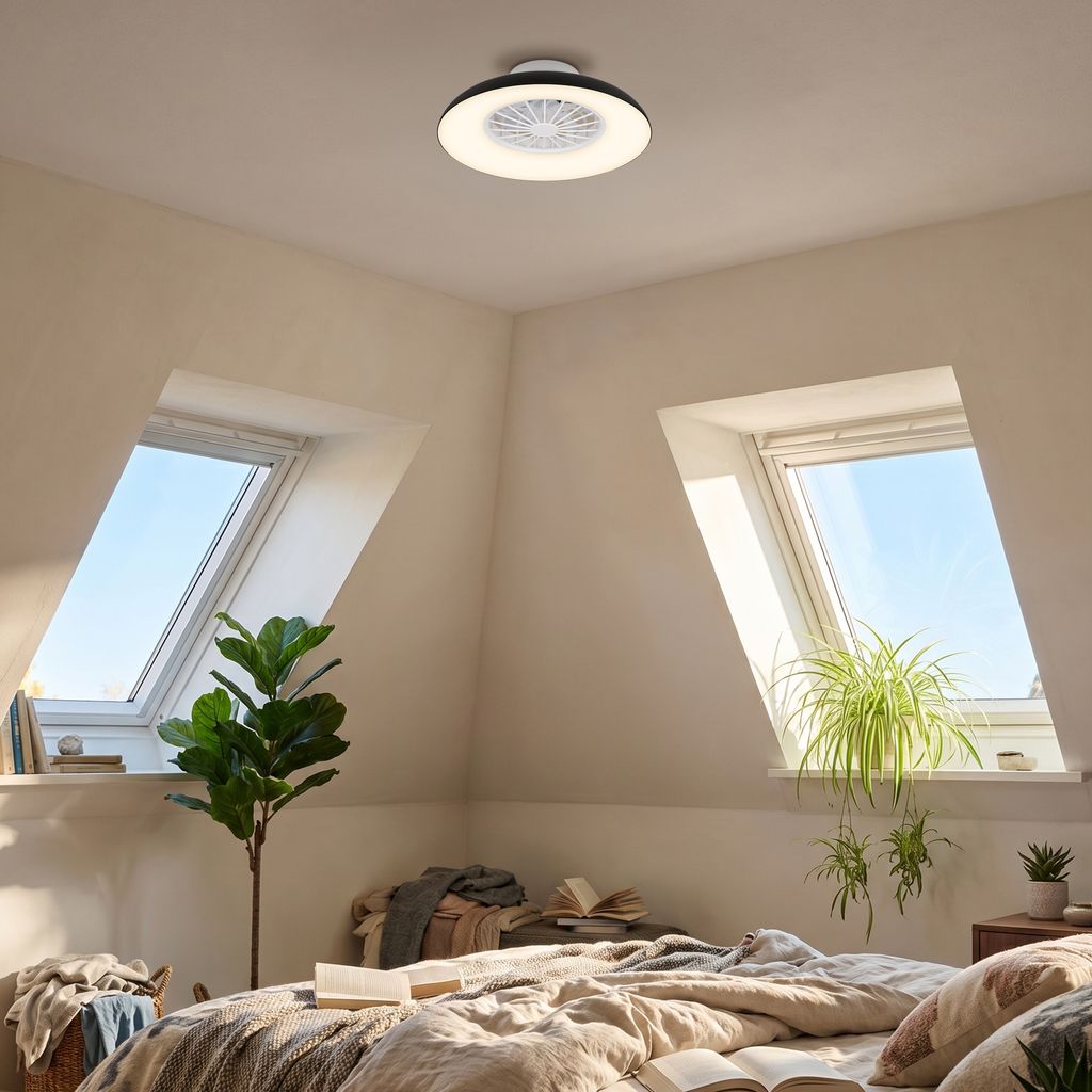 Windora Deckenventilator mit Beleuchtung - 24W, 2600lm, 5 Geschwindkeiten, CCT, Dimmbar, Schwarz, Weiß