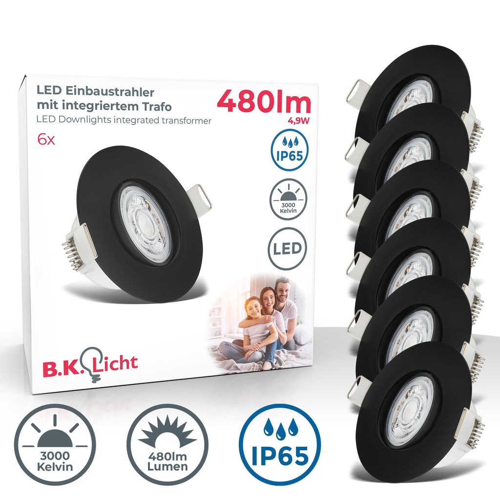 Einbaustrahler 68mm 6er Set - 230V. 4.9W. 480lm. LED. IP65. warmweiß. schwarz 1
