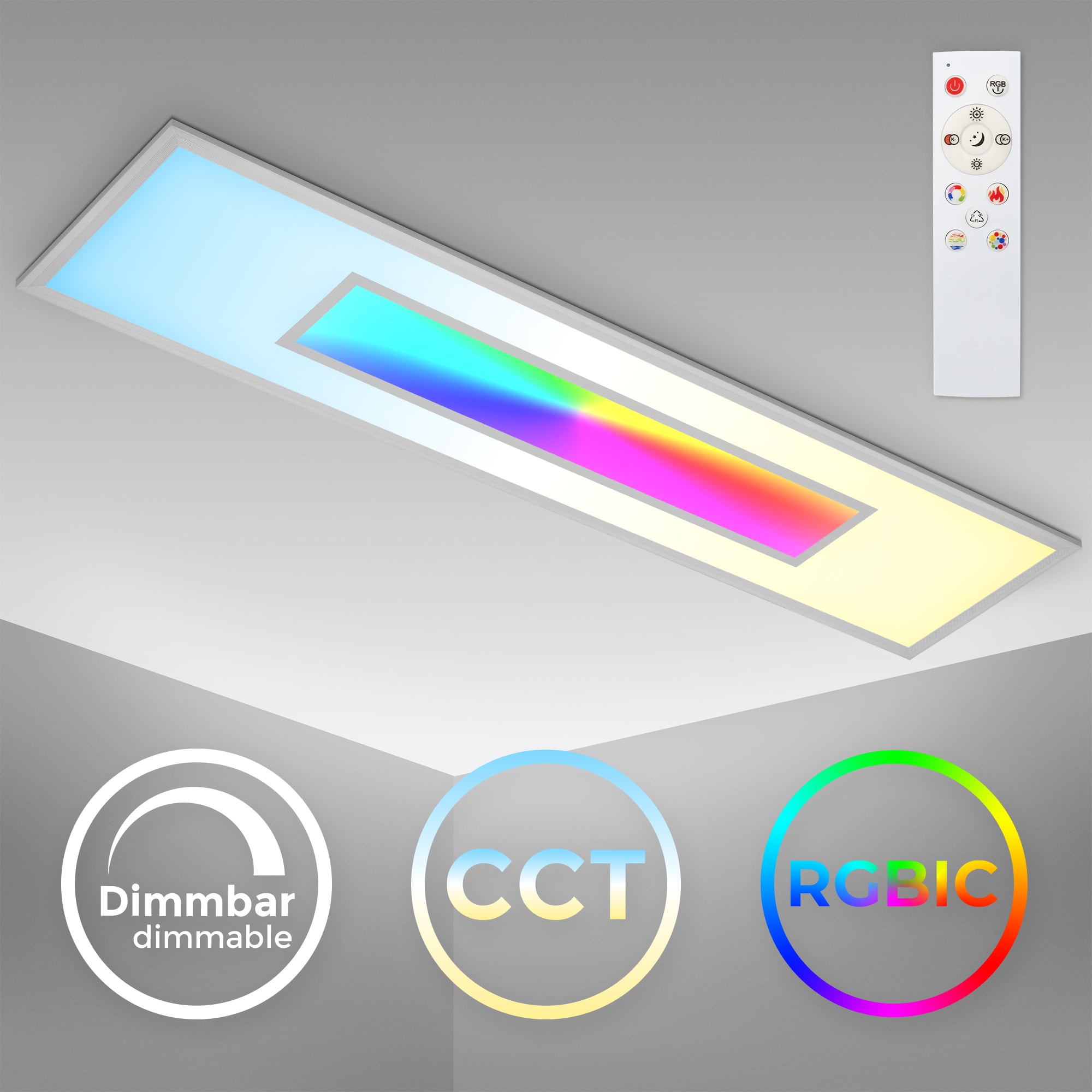 LED Decken-Panel dimmbar - 119,5x29,5cm - Deckenleuchte flach 65mm 38W 3600lm RGB CCT 3000–6500K Deckenlampe mit Fernbedienung Timer Memory Büro Wohnzimmer | silber - 8