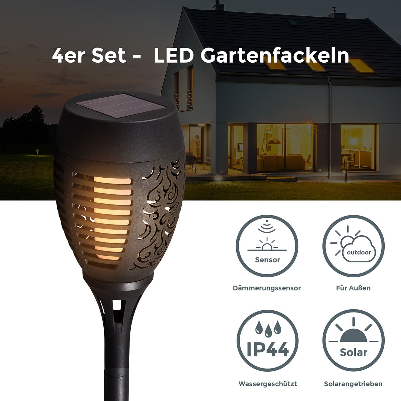 Solar Fackeln | LED Wegeleuchten mit Erspieß und Sensor | 4er Set - 4